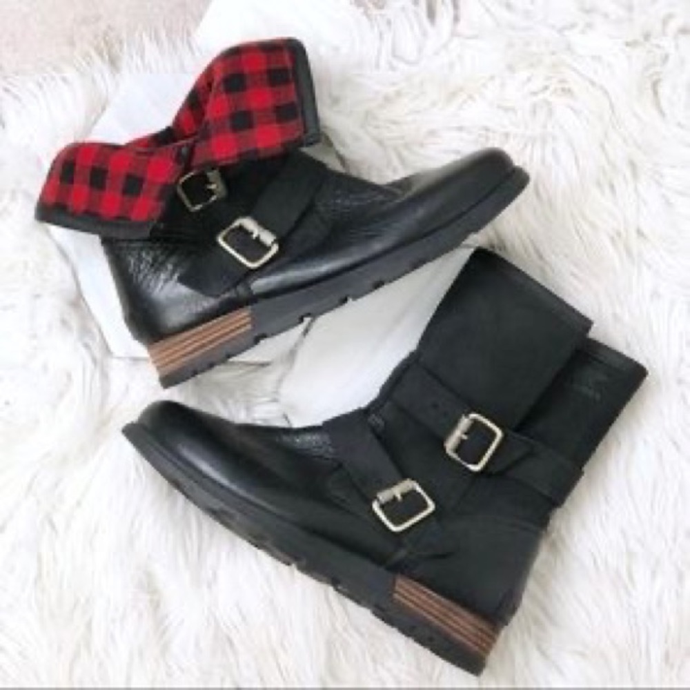 Sorel Womens Major Moto Black Leather Red Buffalo Plaid Lined Biker Boots US 9.5